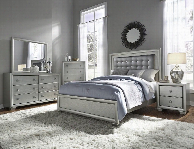 Celestial 89602707100bdmcn 5 Pc Bedroom Set With King Size Bed + Dresser + Mirror + Chest + Nightstand In Silver