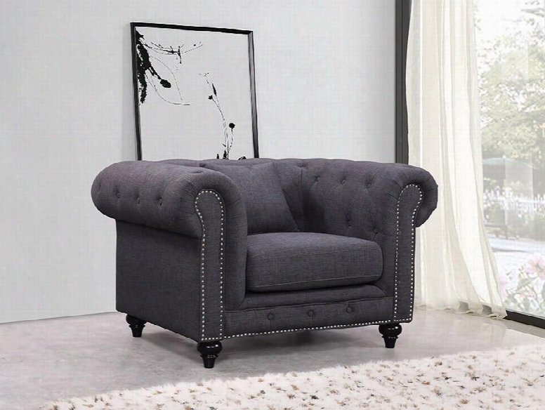 Chesterfield 662gry-c 47" Chair With Top Quality Linen Fabric Upholstery Silver Nail Heads And Accent Pillows In