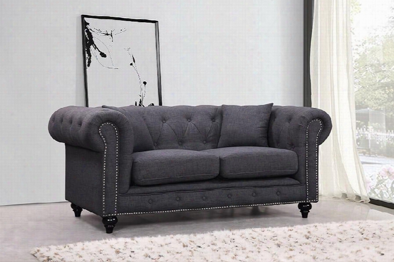 Chesterfield 662gry-l 71" Loveseat With Top Quality Linen Fabric Upholstery Silver Nail Heads And Accent Pillows In