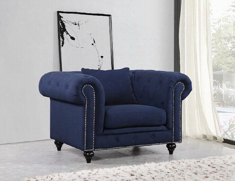 Chesterfield 662navy-c 47" Chair With Top Quality Linen Fabric Upholstery Silver Nail Heads And Accent Pillows In