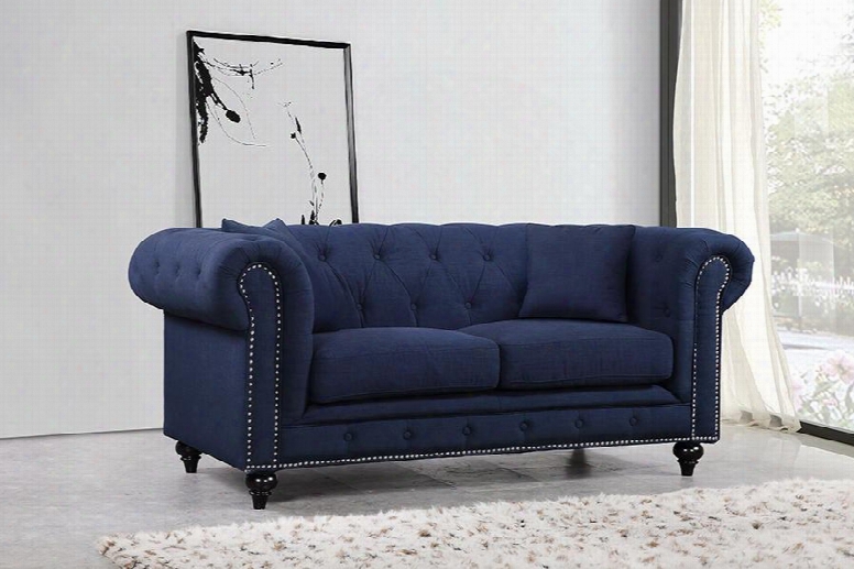 Chesterfield 662navvy-l 71" Loveseat With Top Quality Linen Fabric Upholstery Silver Nail Heads And Accent Pillows In