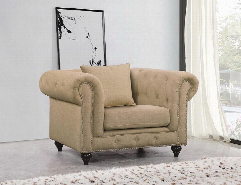 Chesterfield 662sand-c 47" Chair With Top Quality Linen Fabric Upholstery Silver Nail Heads And Accent Pillows In