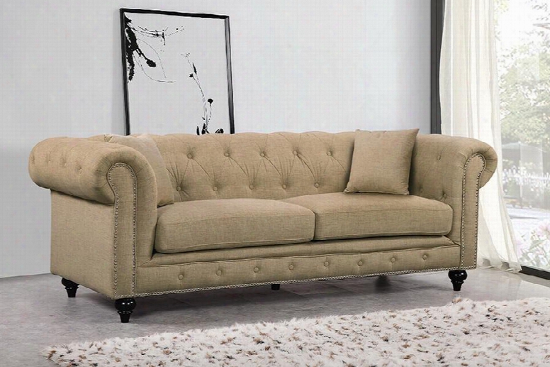 Chesterfield 662sand-s 87" Sofa With Top Quality Linen Fabric Upholstery Silver Nail Heads And Accenting Pillows In