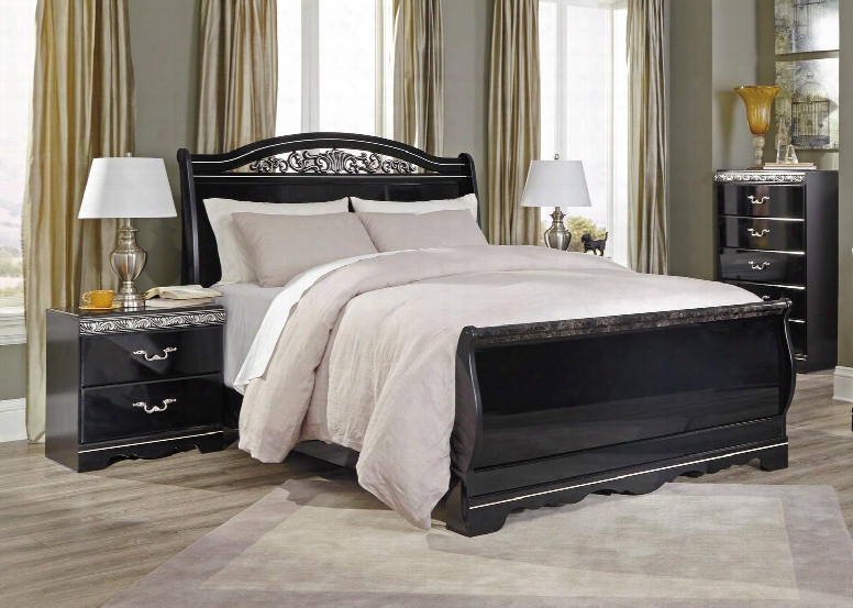 Constellations Queen Bedroom Set With Sleigh Bed And Nightstand In A Glossy Black