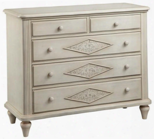 Crocker 12862 42" 5-drawer Chest With Diamond Patteern Decorative Molding Hand Painted And Gray Scroll Pattern In A Linen White