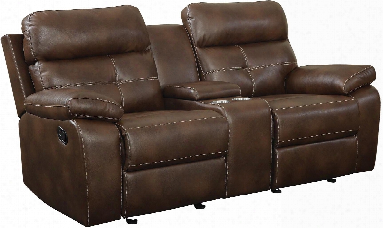 Damiano 601692 77.5" Motion Loveseat With Button Tuft Detailing Contrasting Stitch Faux Leather Upholstery Attached Seat And Back In Brown