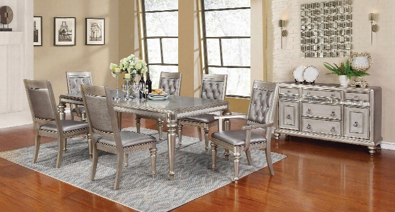 Danette 106471scs 8 Pc Dining Room Set Including Dining Table 4 Side Chairs 2 Armchairs And Server With Turned Legs And Molding Detail In Metallic Platinum