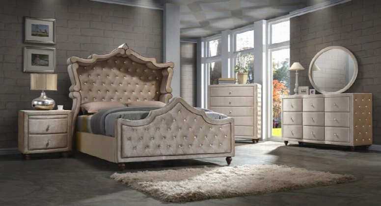 Diamond Diamondcanopyqset 5 Pc Bedroom Set With Queen Size Canopy Bed + Dresser + Mirror + Chest + Nightstand In Golden Beige