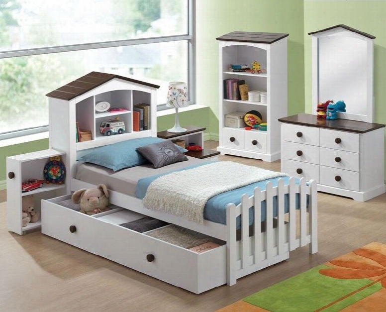 Docila 30215f6pc Bedroom Set With Full Size Bed + Dresser + Mirror + Chest + Nightstand + Bookcase In White And Chocolate