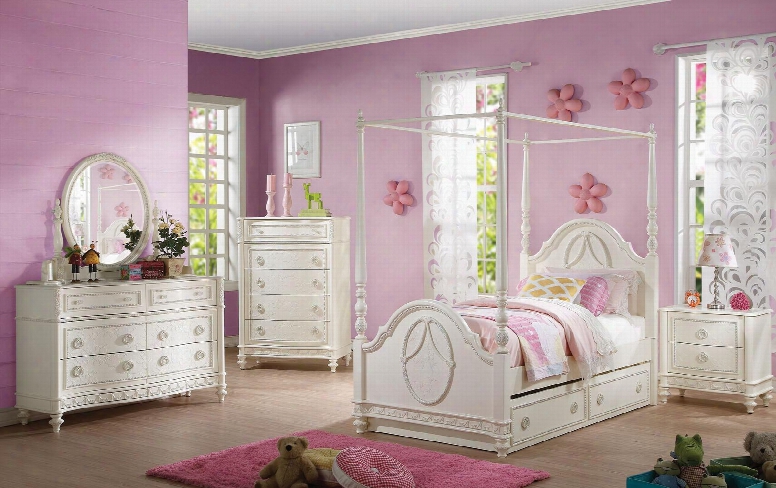 Dorothy 30355f7pc Bedroom Set With Full Size Poster Bed + Dresser + Mirror + Chest + Nightstand + Canopy + Trundle In Ivory