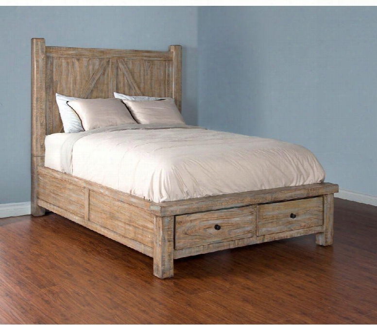 Durango Collection 2307wb-sq 89" Storage Queen Bed With Farm Door Accents 2 Storage Drawers And Distressed Detailing In Weathered Brown