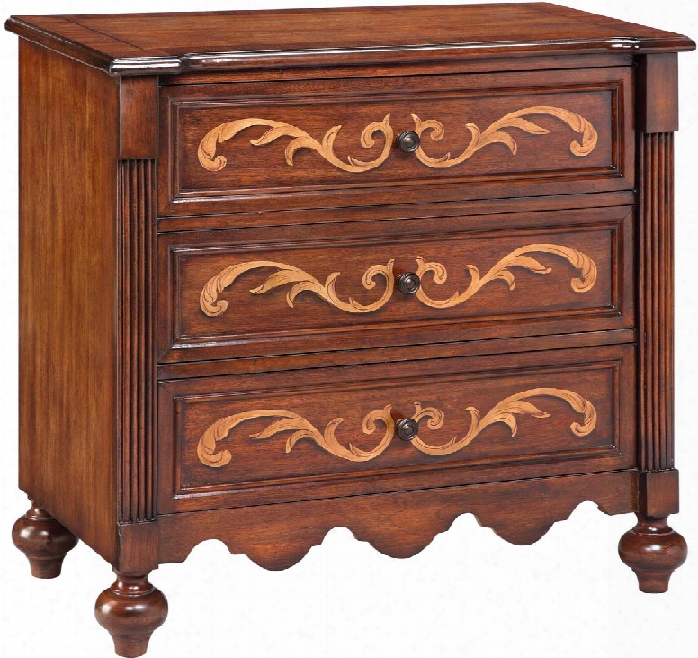 Everett 13240 32" 3-drawer Chest With Flowing Scroll Design Scalloped Apron And Turned Legs