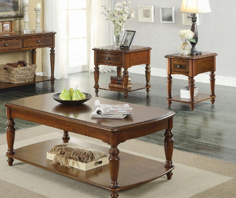 Faris 80915ces 3 Pc Living Room Table Set With Coffee Table + End Table + Side Table In Light Walnut