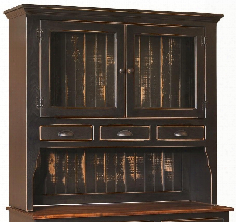 Fernandas 4650098bmc 50" Hutch With 2 Glass Doors 3 Drawers Metal Hardware And Ditsressed Finish In Black