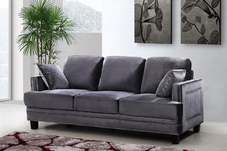 Ferrara 655gry-s 84" Sofa With Top Quality Bonded Velvet Upholstery Silver Nail Heads Design And Quilted Pillows In