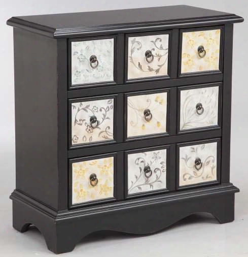 Freda 13502 30" 3 Drawer Chest With Scalloped Front Apron Aged Rnig Pull Hardware And Floral Painted Cream Drawers Fronts In Hand-painted Black