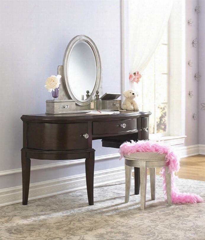 Glamour 8688414set 3 Pc Bedroom Vanity Set With Vanity + Stool + Mirror In Brushed Silver And Black Cherry