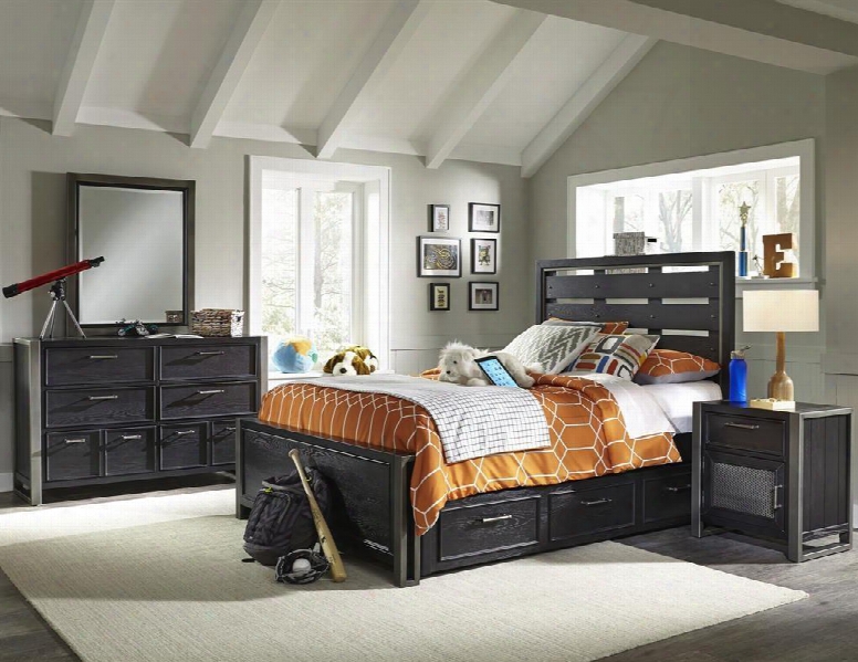 Graphite 8942401532533bdmnd 5 Pc Bedroom Set With Full Size Bed + Dresser + Mirror + Nightstand + Underbed Storage Drawers In Black