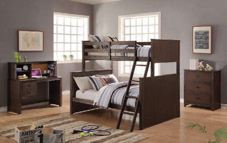 Hector Collection 380204pc Bedroom Set With Twin Ovr Full Bunk Bed + Chest + Desk + Hutch In Antique Charcoal Brown