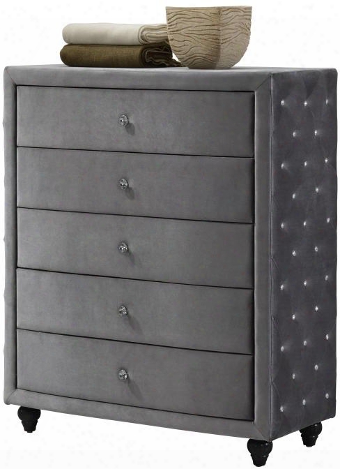 Hudson Hudon-ch 43" Chest With 5 Drawers Crystal Tufting Turned Legs And Crystal Handles In Grey Velvet