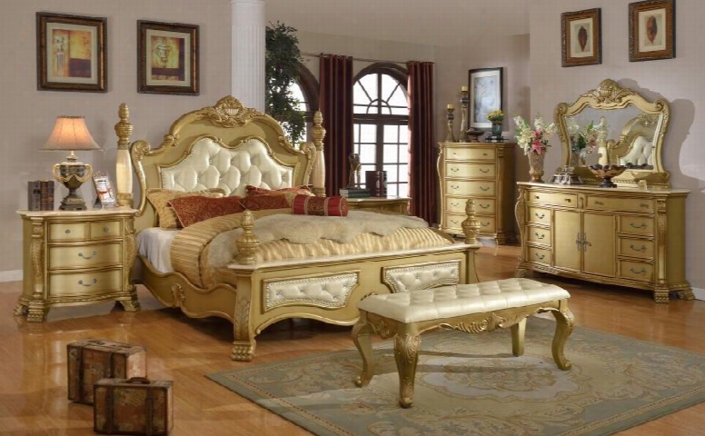 Lavish Lavishqdmcnb 7 Pc Bedroom Set With Queen Size Bed + Dresser + Mirror + Chest + 2 Nightstands + Bench In Gold