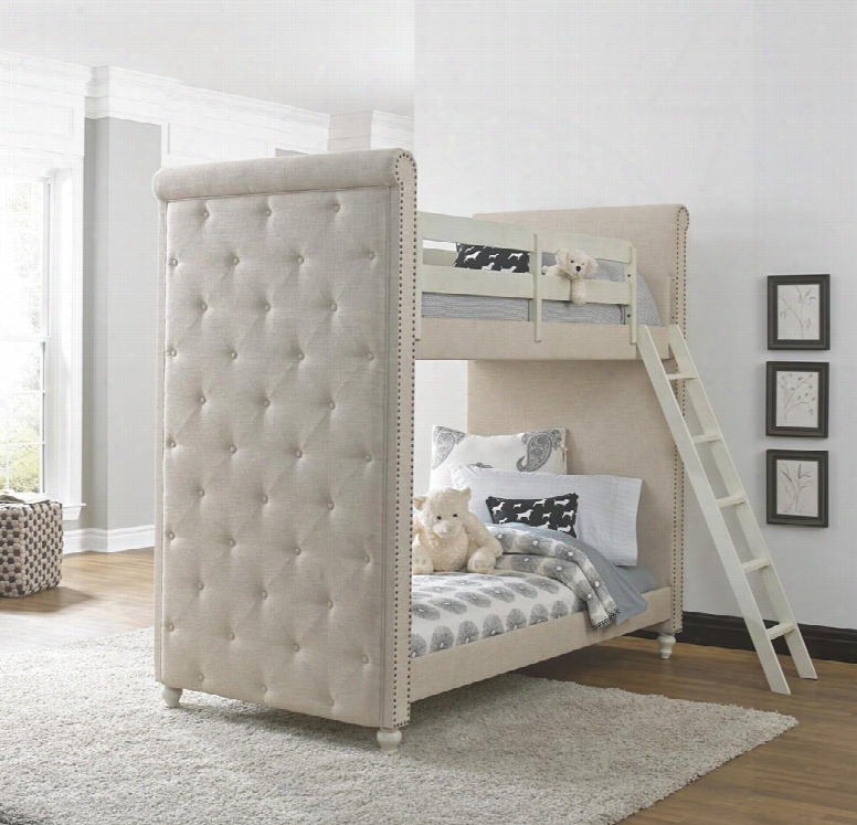 Madison 88907-30-31-32 Twin Size Bunk Bed With Fabric Upholstered Ends Decorative Nail Head Trim Ladder Rounded Edges And Framed Panels In Cream