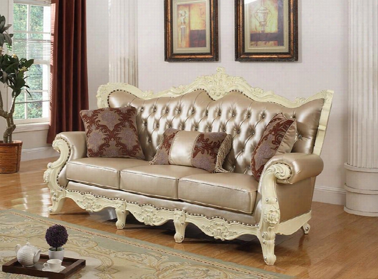 Madrid 674-s 91" Sofa With Top Quality Pearl Bonded Leather Upholstery Solid Wood Hand Carved Designs Crystal Tufting And Removable Backs In Rich Pearl