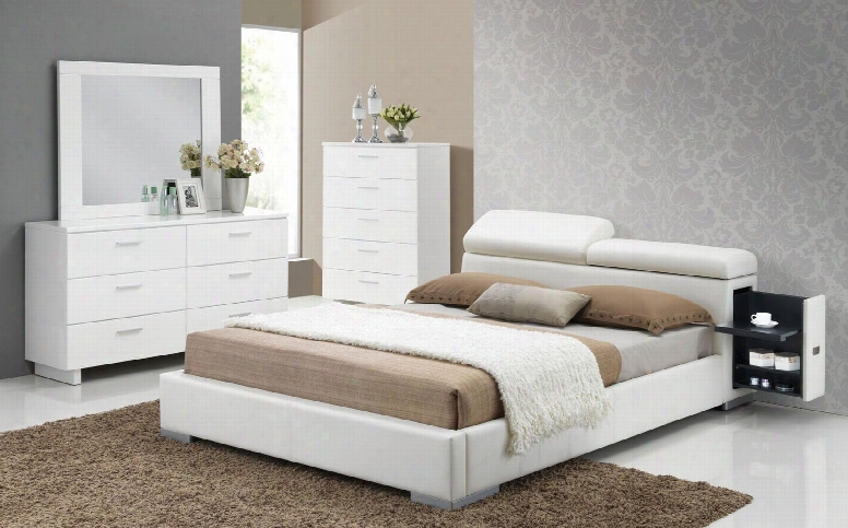 Manjot 20420q4pc Bedroom Set With Queen Size Bed With Attached Nightstand + Dresser + Mirror + Chest In White