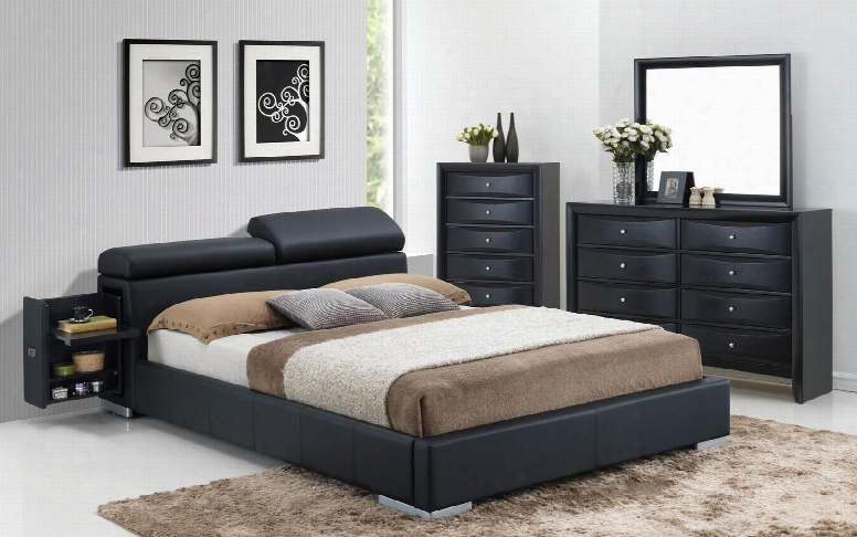 Manjot 20750q4pc Bedroom Set With Queen Size Bed With Attached Nightstand + Dresser + Mirror + Chest In Black