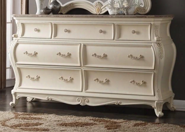 Marquee Marquee-d 70" 8 Drawer Dresser With Marble Top Hand Crafted French Provincial Design In Pearl Hite Finish With Gold