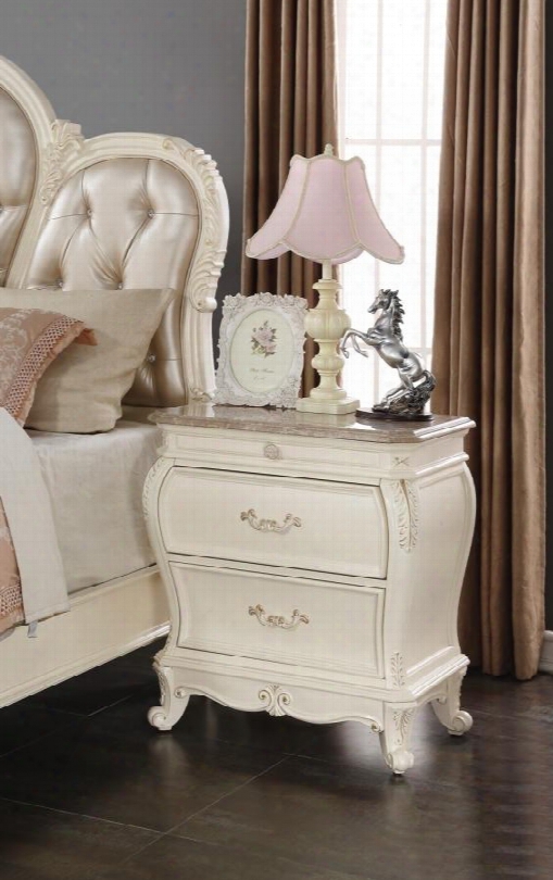 Marquee Marquee-ns 30" Night Stand With Marble Top Hand Craved French Provincial Design In Pearl White