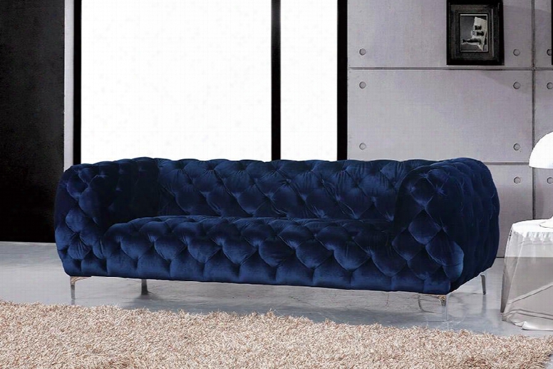 Mercer 646navy-s 88" Sofa With Top Quality Velvet Upholstery Tufting Detailing And Tuxedo Arms In