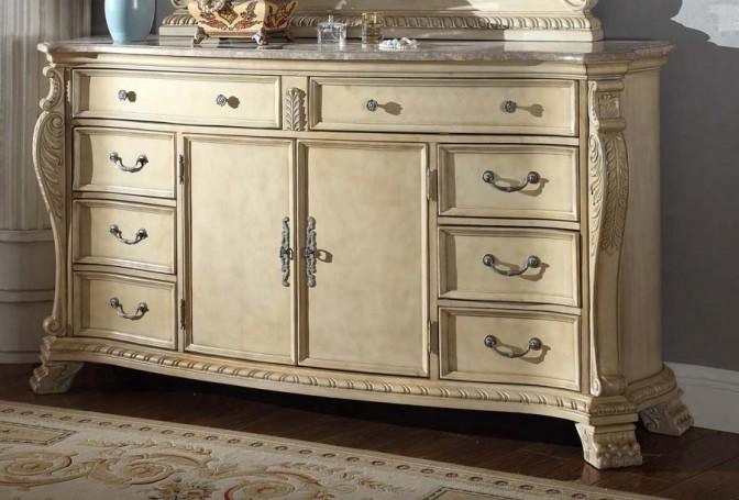 Monaco Monaco-d 74" Dresser With Marble Top 8 Drawers 2 Doors Hand Carved And Painted In Rich Antique