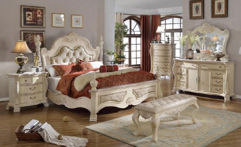 Monaco Monacoqdmcnb 7 Pc Bedroom Set With Queen Size Bed + Dresser + Mirror + Chest + 2 Nightstannds + Benchin Antique White