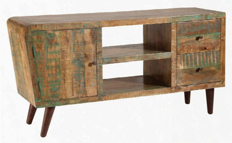 Orbit 12967 60" 1-door 2-drawer Media Console With Open Shelf Hand Painted And Retro Tapeerd Legs In Acacia