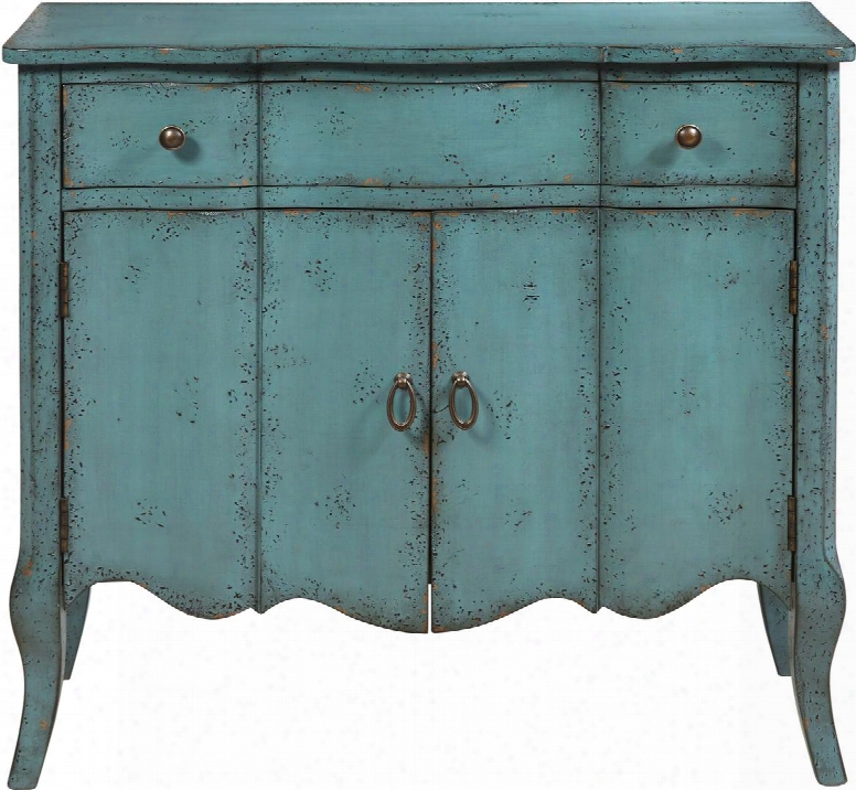 P017011 40" Distressed Turquoise Accent Chest Including Two Doors And One Drawer With Cabriole Legs And Simple Pulls In