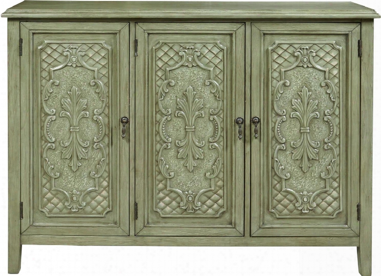 P017015 58" Fleur Del Leis Console Including Three Doors With Two Adjustable Shelves Attending Intricate Scroll Motifs Molding Detail And Tapered Legs In