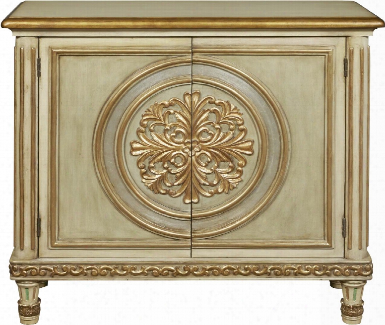 P017019 40" Ornate Medallion Two Door Hall Chest With Adjustable Shelf Molding Detail Decorative Gold Trim And Overlay In