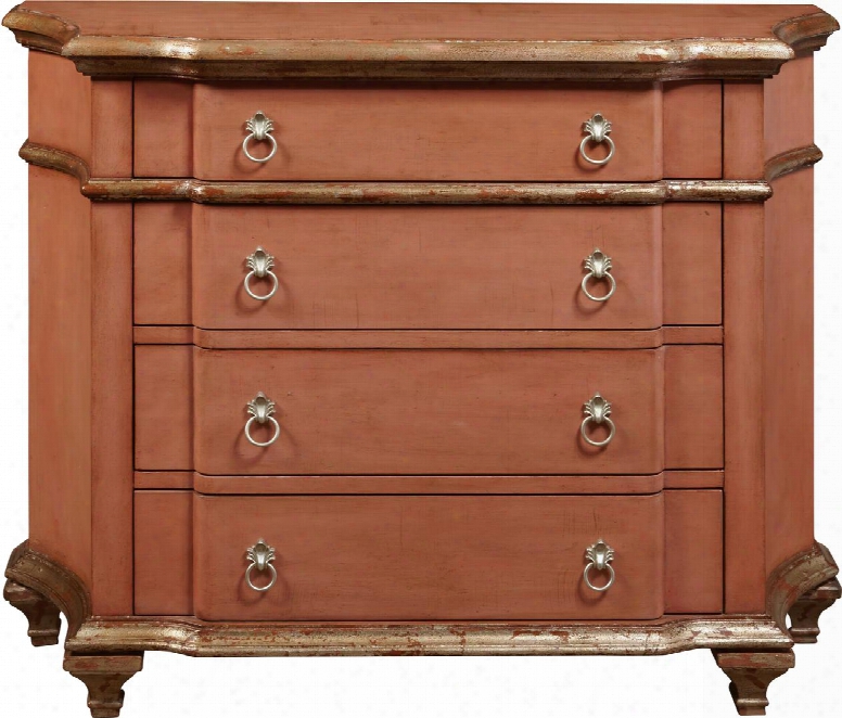 P017023 42" Terra Cotta Accent 4 Drawer Chest With Silver Accent Trim Decorative Hardware Curved Ends And Tapered Legs In