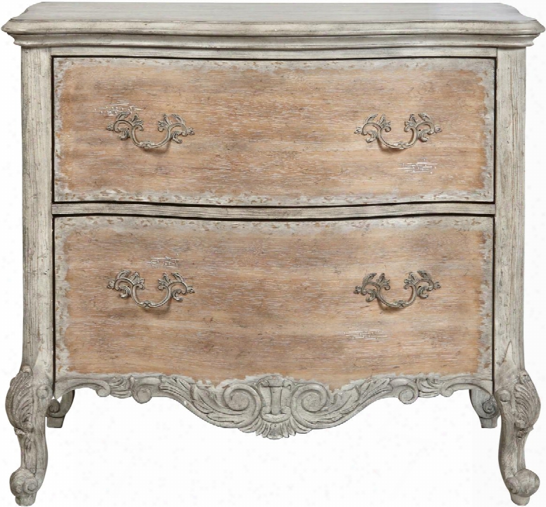 P017039 38" Monaco Distressed Curved Front Accent Drawer Chest Including Two Drawers With Decorative Hardware Carved Detailing And Cabriole Legs In Natural