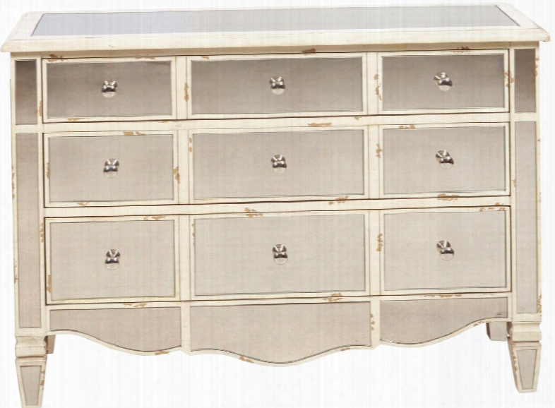 P017042 46" Mirrred Rub Through Accent Drawer Cehst With Chrome Hardware Simple Pulls And Tapered Legs In