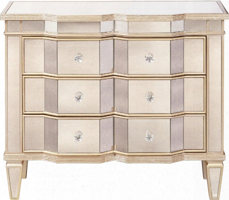 P017043 36"  Marquis Miorred Accent Three Drawer Chest With Antique Crystal Hardware Tapered Legs Mirrored Drawer Fronts Posts Top Feet And Sides In