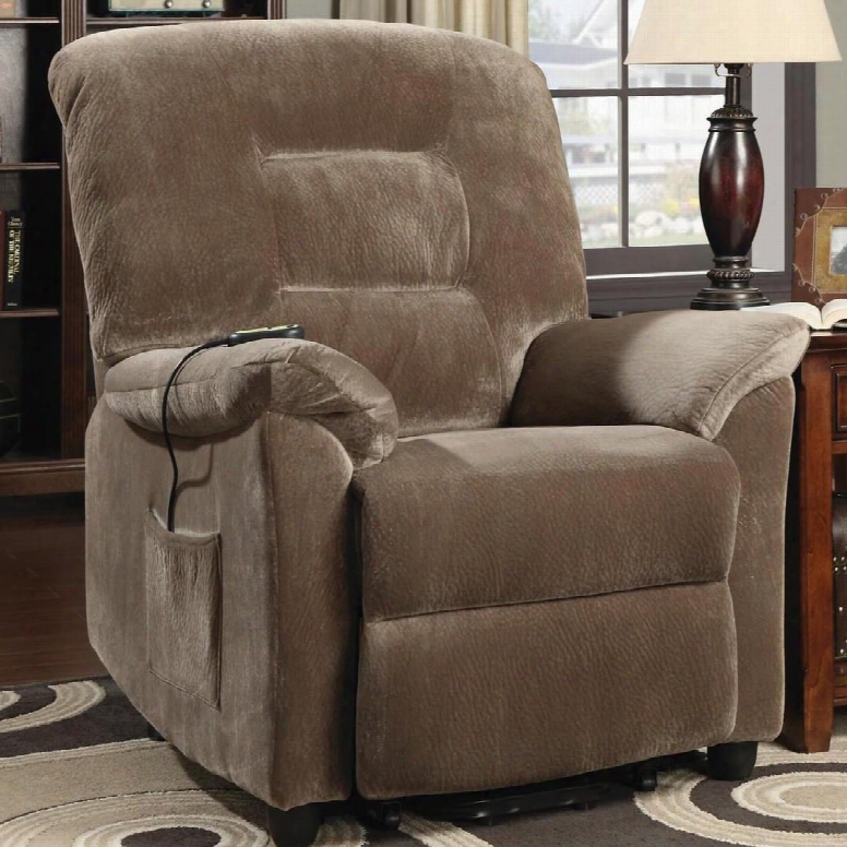 Recliners 601025 39" Power Lift Recliner Wiith Reclining Mec Hanism Plush Paddde Arms Remote Control And Velvet Upholstery In Brown