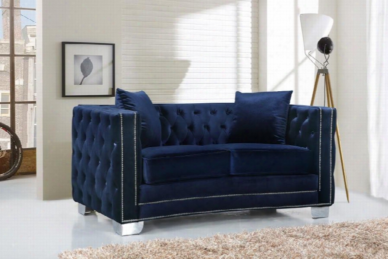 Reese 648navy- L 64" Loveseat With Top Quality Velvet Upholstery Uniique Curved Design And Silver Nail Heads In