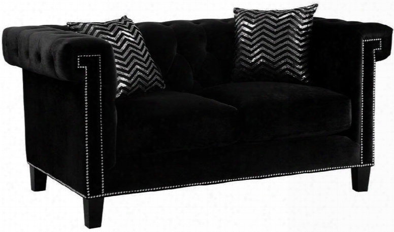 Reventlow 505818 67" Loveseat With Accent Pillows Greek Key Nailhead Trim Design Reversible Pocket Coil Seating And Velvet Upholstery In Black