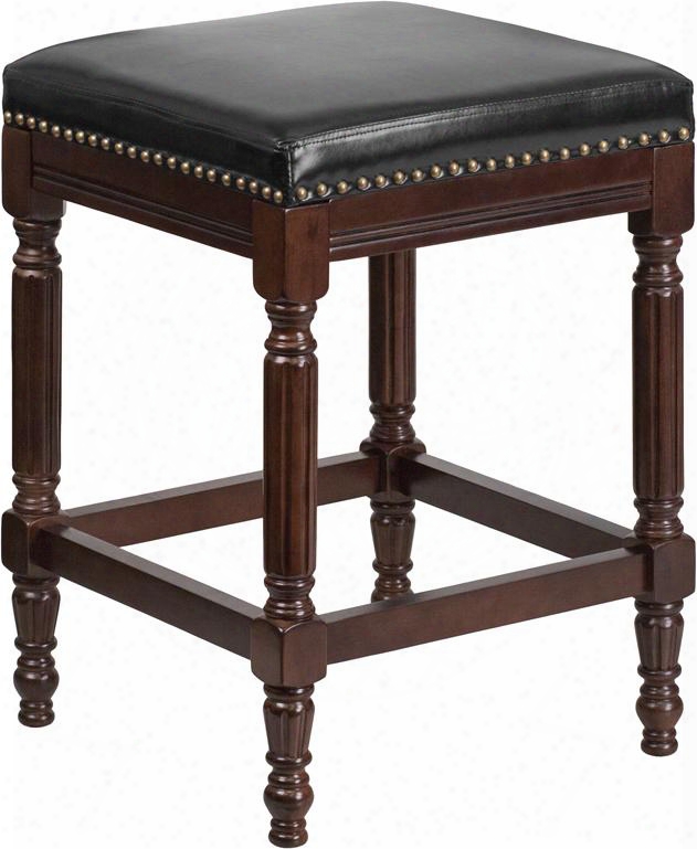 Ta-4102a-26-ca-gg 26" Wood Counter Height Stool With Black Leather Seat Cappuccino Wood Finish And Spindle