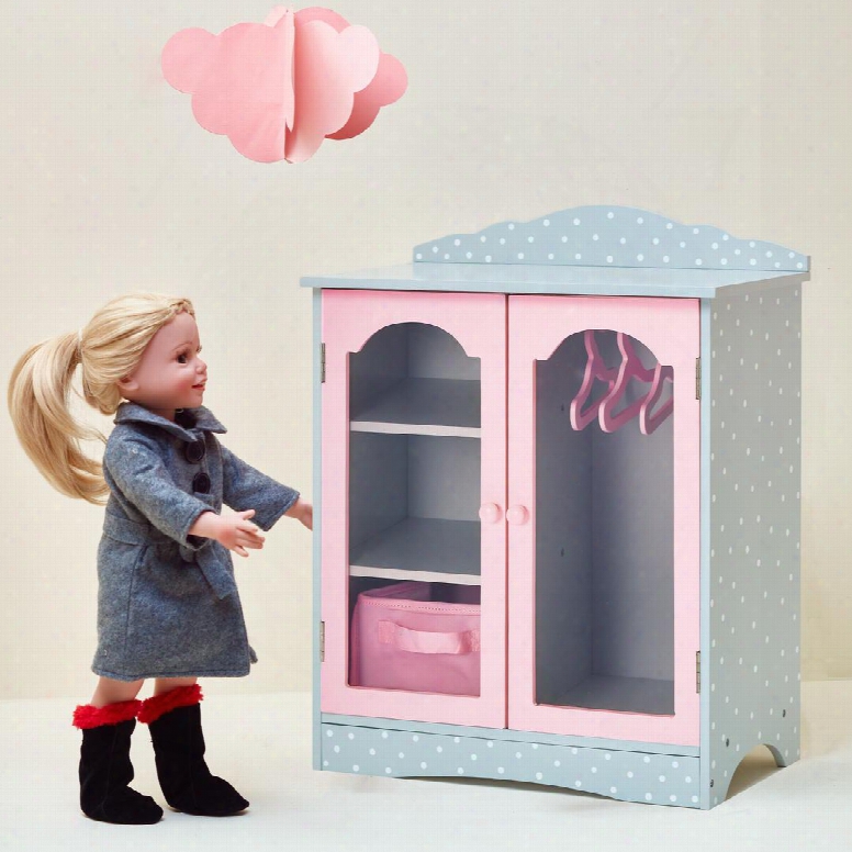 Td0210ag 18 Inch Doll Furniture - Fancy Wooden Closet With 3 Hangers And 1 Cubby (grey Polka