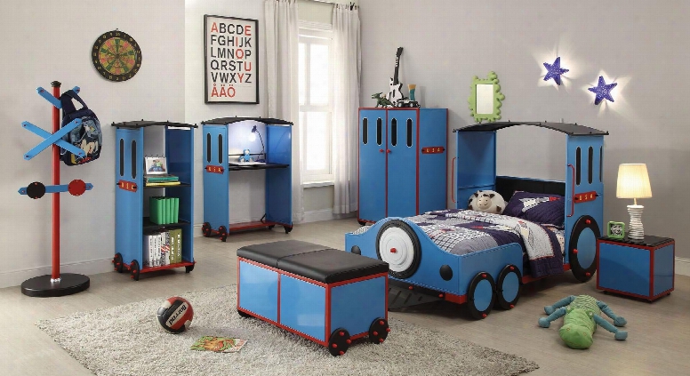 Tobi 37560t7pc Bedroom Set With Twin Size Bed + Desk + Bookcase + Coat Rack + Wardrobe + Bench + Ottoman In Red Blue And Black