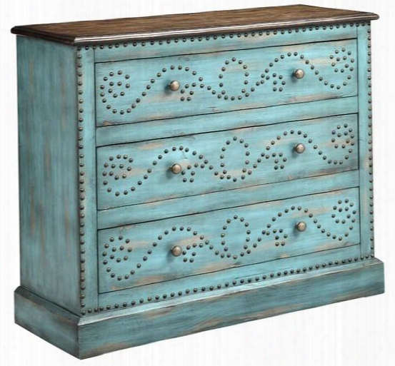 Ursula 13492 34" 3-drawer Chest With Flowing Pattern Created By Antique Bronze Nail Heads Wood-tone Finish On Top And Hand-painted In Turquoise