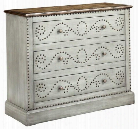 Ursula 13493 34" 3-drawer Chest With Flowing Pattern Createdby Antique Bronze Nail Heads Wood-tone Finish On Top And Hand-painted In Grey